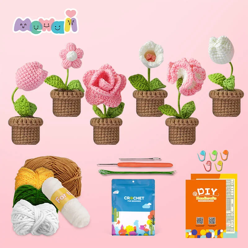 Mewaii Easy Crochet Plants Kits Pink Flowers and Potted Plants Beginners Crochet Kit with Easy Peasy Yarn-6pcs
