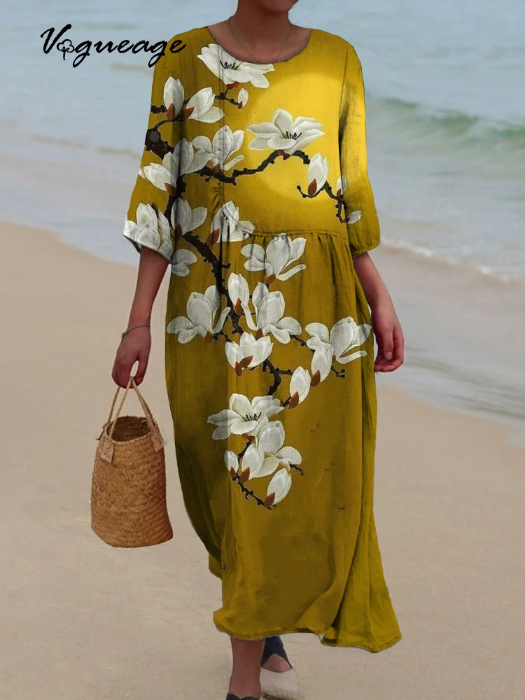 Simple And Elegant Flowers Printed Women's Casual Cotton And Linen Dress