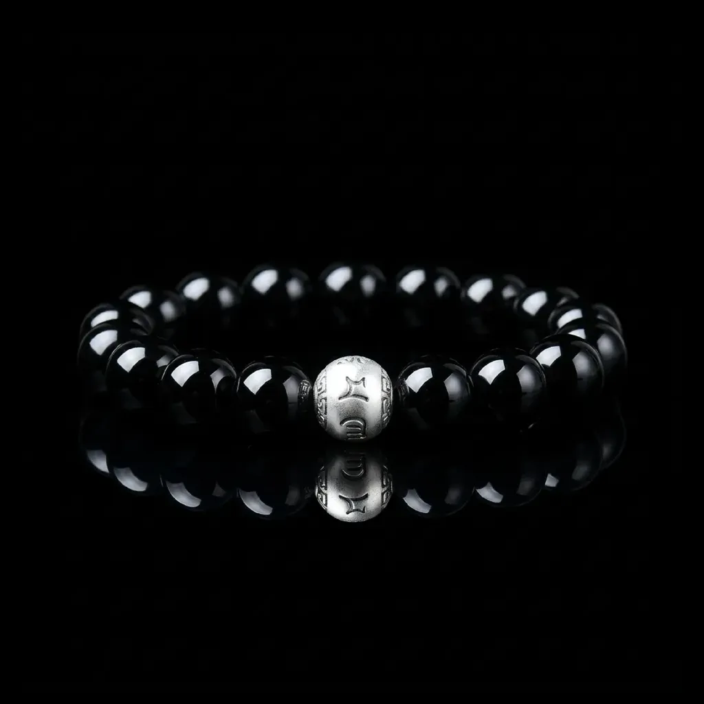 Zen Harmony: Natural Obsidian & S925 Sterling Silver Mantra Bracelet