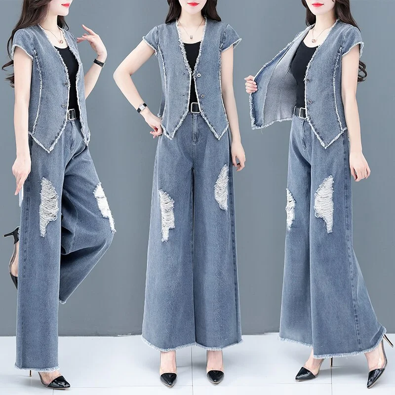 Brownm Denim Suit Summer 2022 Summer New Women's Summer Fashion Temperament Aage-Reducing Wide-Leg Pants Two-Piece Tide