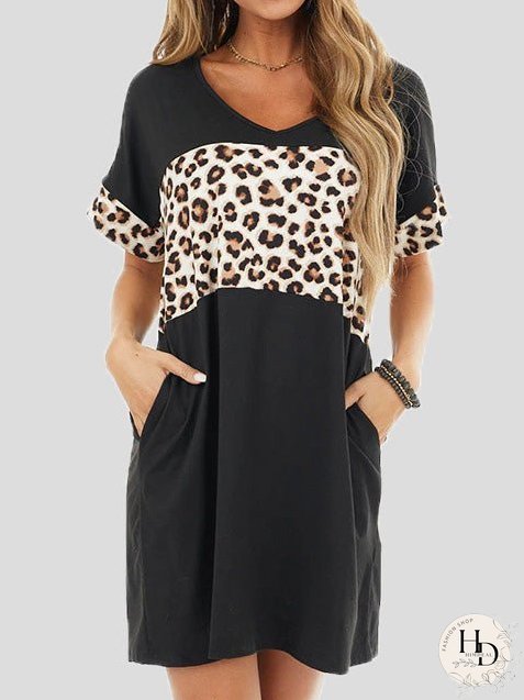 Dresses Crew Neck Leopard Panel Pocket Casual Dress for Women