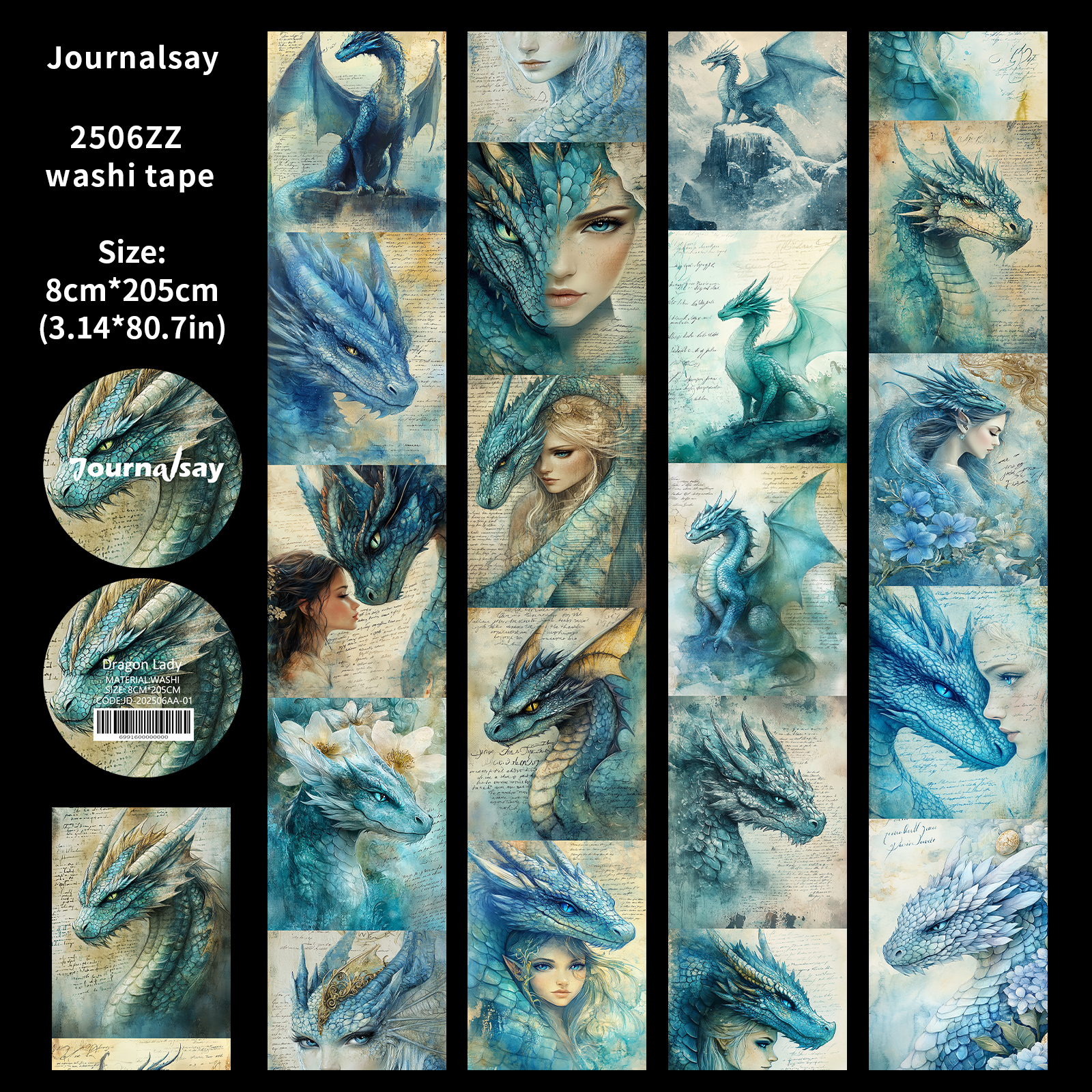 Washi Tape - 80mm*200cm Vintage Dragon Girl Character 