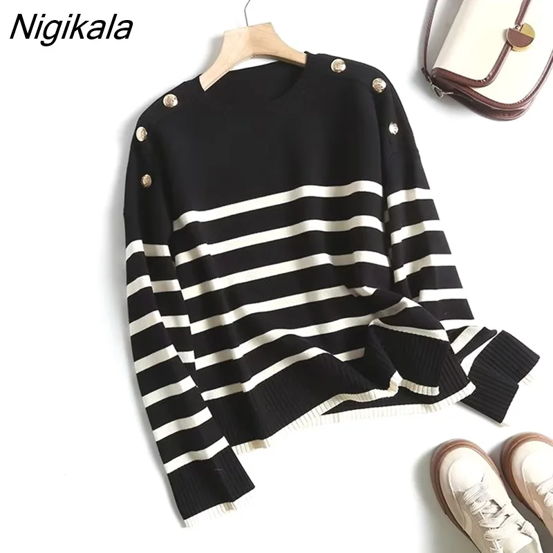 Nigikala New Autumn Women Button Striped Knit Sweater Long Sleeve O Neck Jumpers Female Loose Pullovers Casual Tops