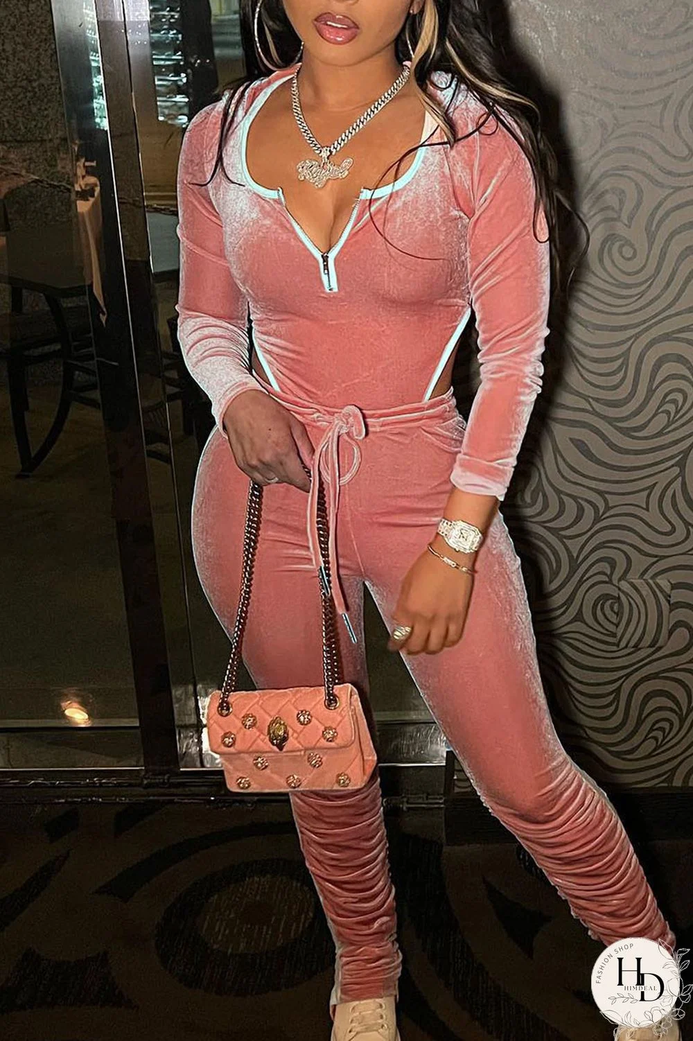 Orange Pink Sexy Solid Patchwork Asymmetrical U Neck Long Sleeve Two Pieces