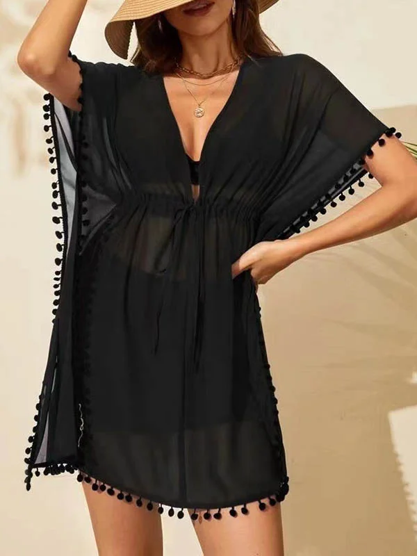 Tasseled Solid Color See-Through Drawstring Short Sleeves Loose V-Neck Mini Dresses Beach Cover-Up