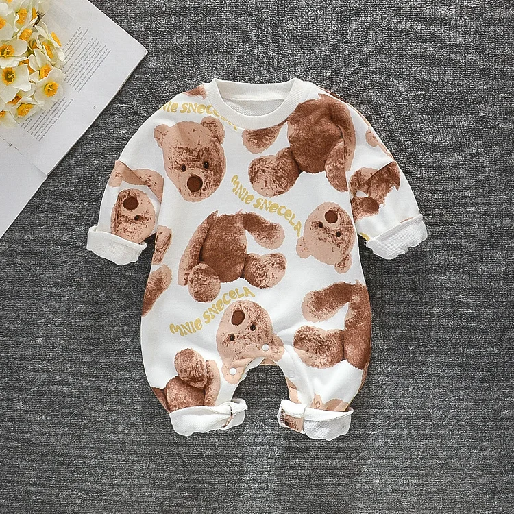 Baby Boy/Girl Allover Bear Pattern Long Sleeve Pullover  Romper