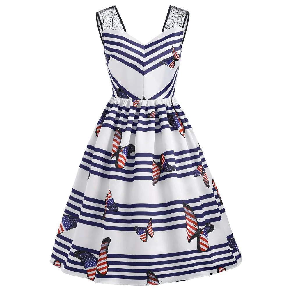 Women's American Flag Dresses V-Neck Spaghetti Strap Butterfly Bodycon Dresses