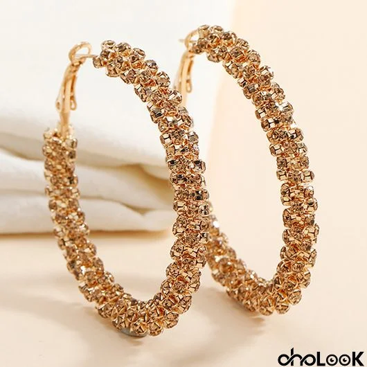 Gold Round Alloy Detail Rhinestone Earrings