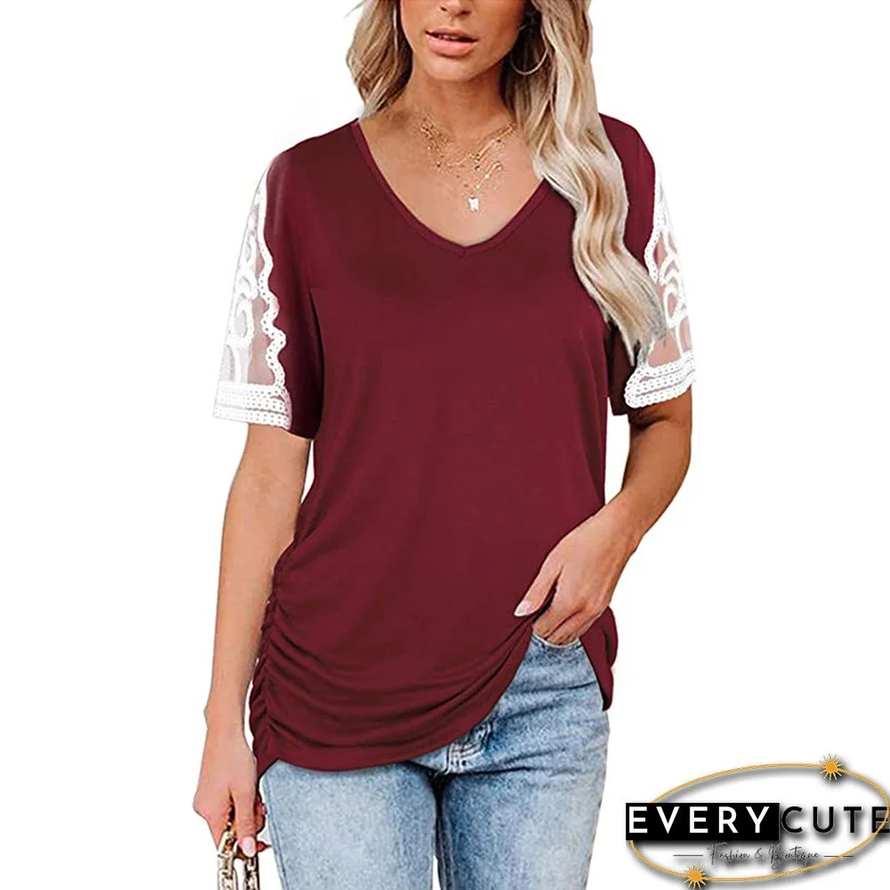 Wine Red Splice Lace Short Sleeve T Shirt