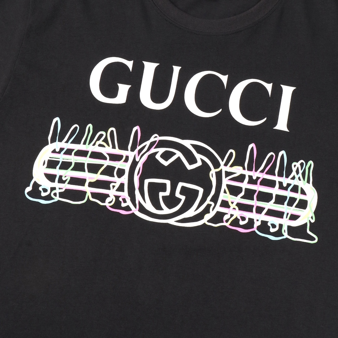 GUCCI古馳兔年限定霓虹兔短袖黑色印花圖