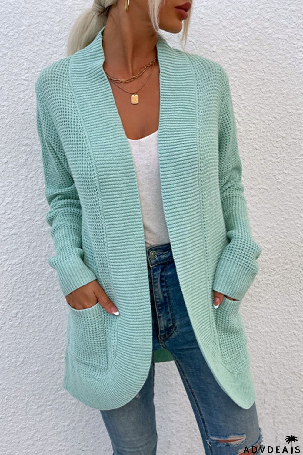 Open Front Rib-Knit Cardigan with Pockets