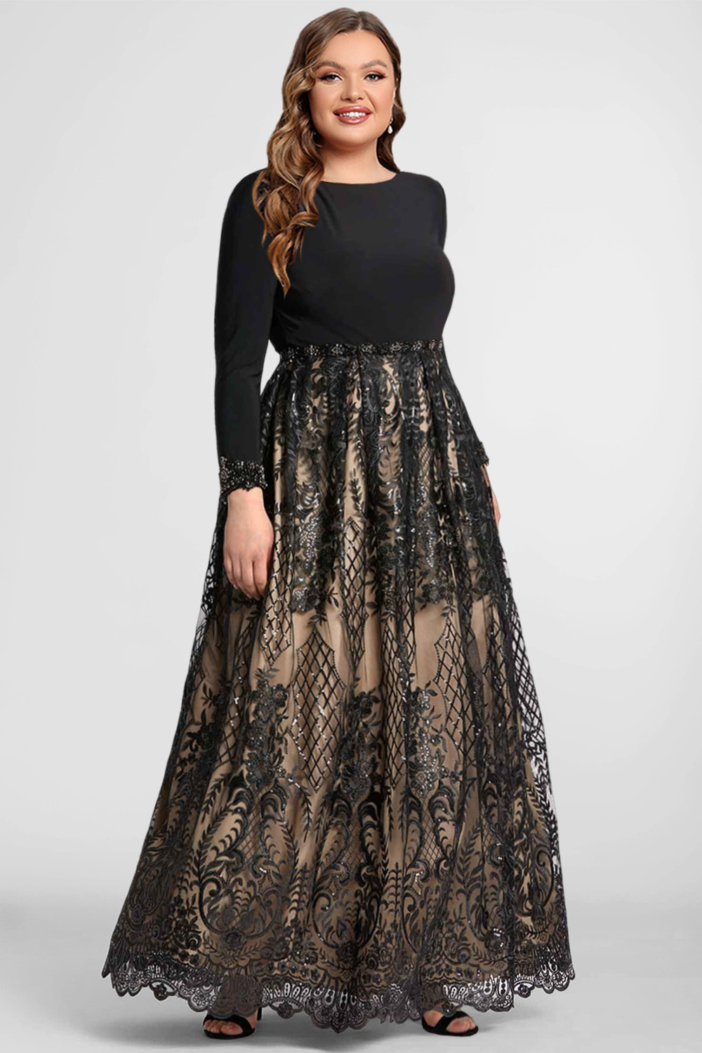 Flycurvy Plus Size Mother Of The Bride Black Sequined Lace Long Sleeve Maxi Dress