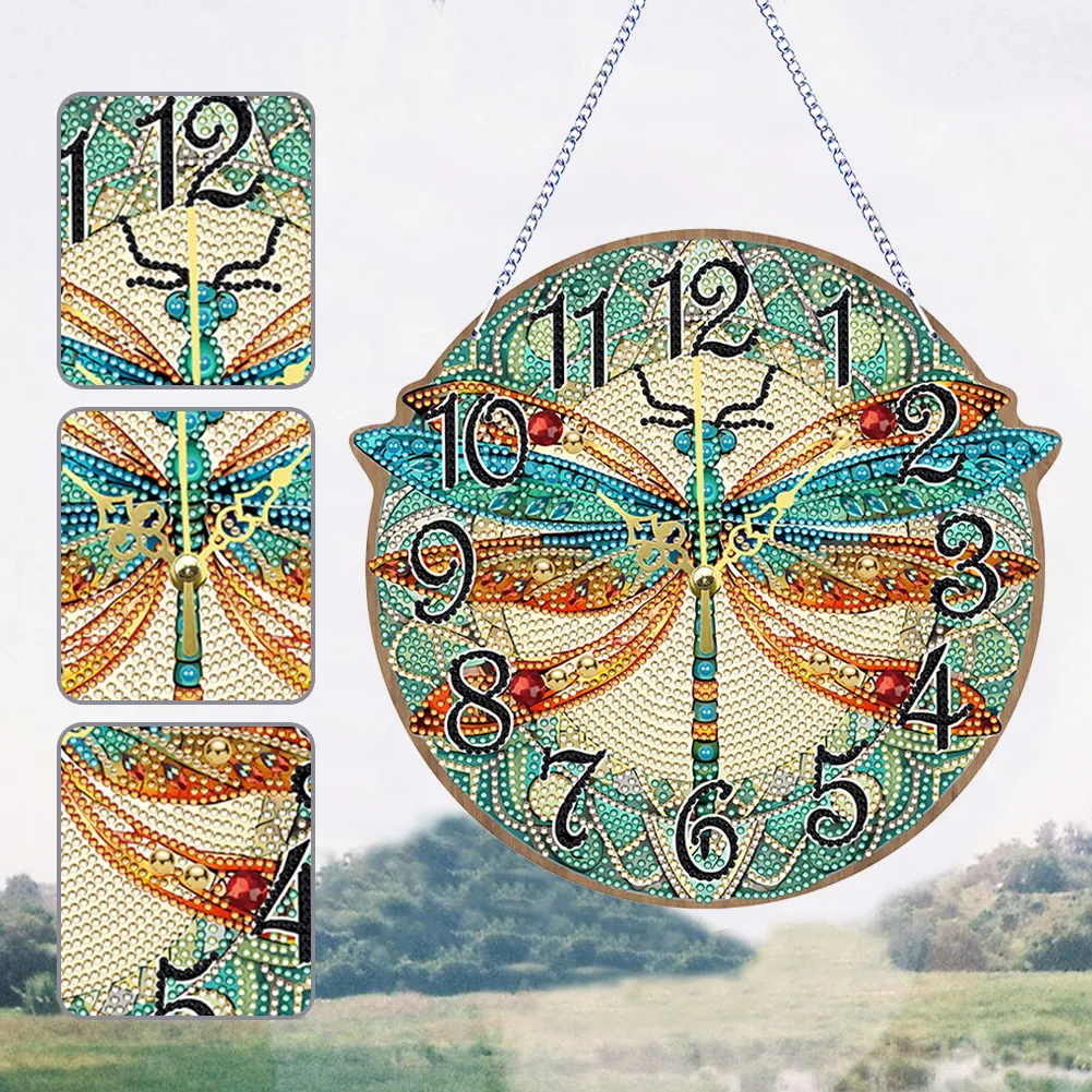 DIY Dragonfly Single-Side Wooden Special Shaped Diamond Painting Clock Art Craft Decor
