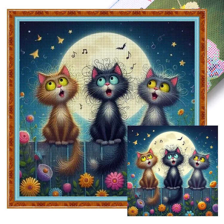 【Huacan】Three Under The Moon Kitten (45*45cm) 11CT Stamped Cross Stitch gbfke