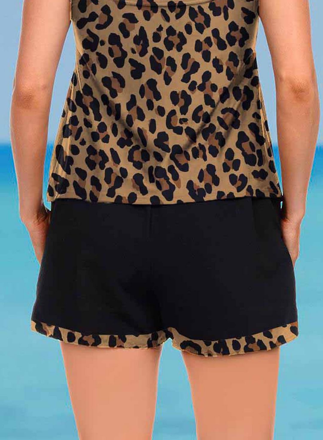 Womens Plus Size Leopard Tankini With Shorts U Neck Ruched Padded Two