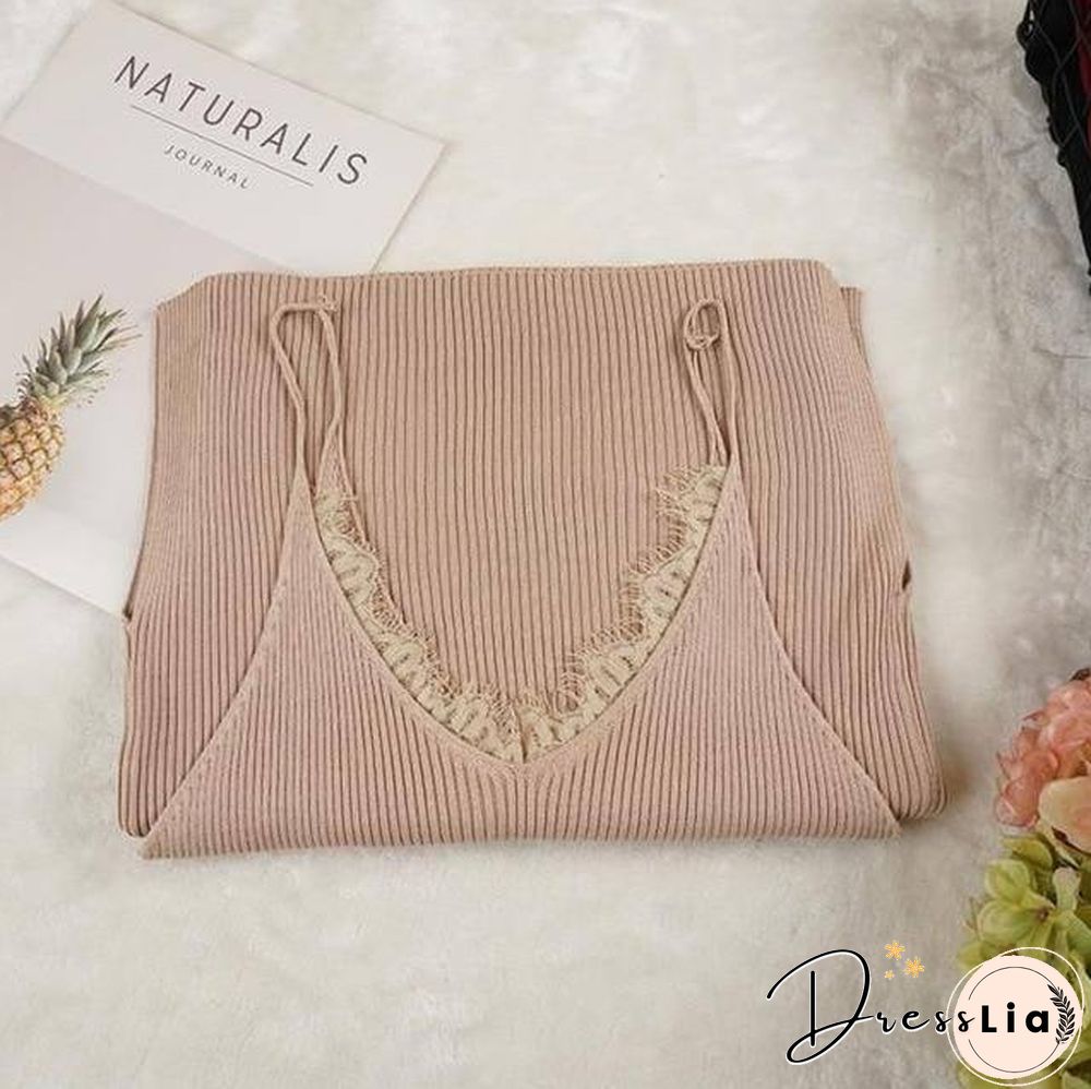 New Women Spaghetti Strap Dresses Split V-Neck Lace Patchwork Knitted Dress Ladies Sleeveless Bodycon Tank Dress Vestidos P022