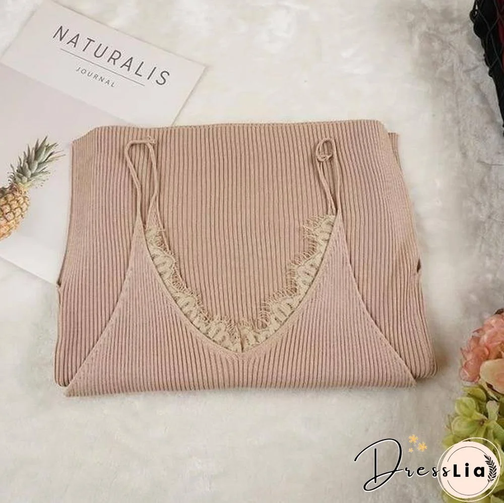 New Women Spaghetti Strap Dresses Split V-Neck Lace Patchwork Knitted Dress Ladies Sleeveless Bodycon Tank Dress Vestidos P022