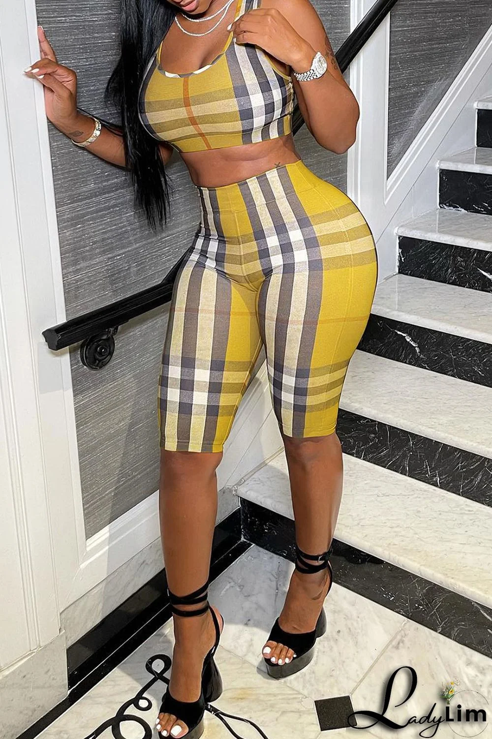 Khaki Fashion Casual Plaid Print Basic U Neck Sleeveless Two Pieces