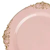 10 Pack | 8" Round Plastic Dessert Salad Plates In Vintage Blush Rose Gold Leaf Embossed Baroque Disposable Plates