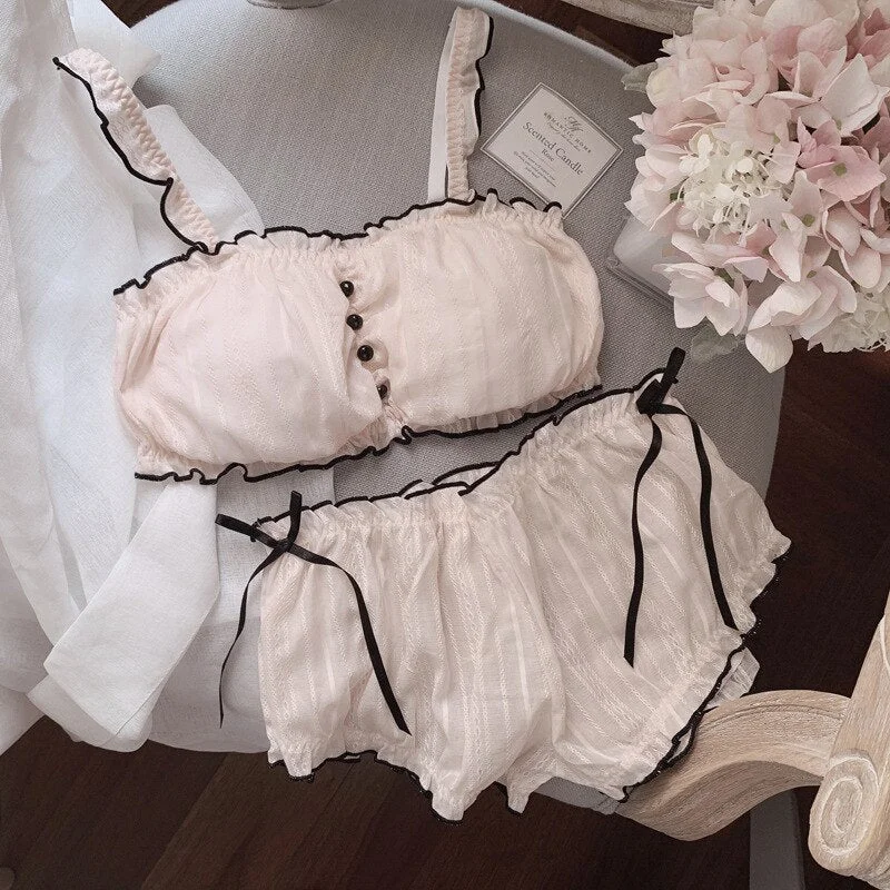 Wriufred Underwear suit girl sweet cute hollow embroidery lingerie set cotton lace edge tube top thin bra set gathered bralette