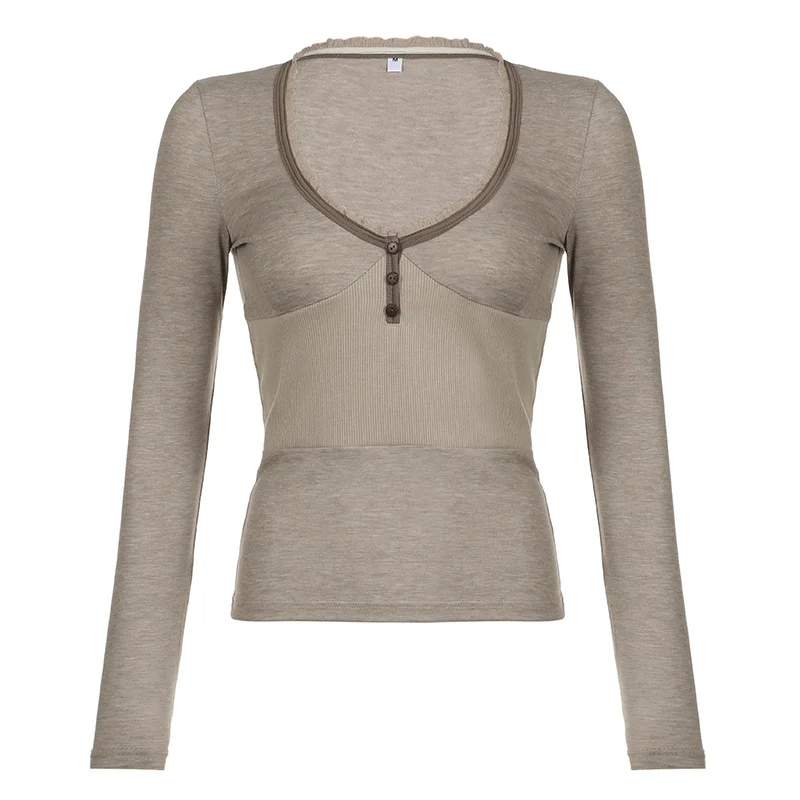 Huibahe Deep V-neck Knitted Top Khaki Casual Basic Slim-fit T-shirts Fairy Grunge Long Sleeve Tops Elegant Streetwear