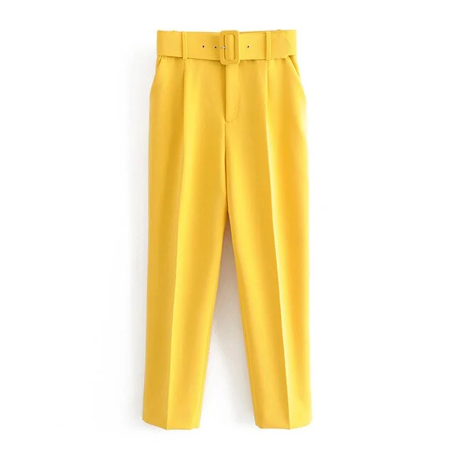 Office Lady Black Suit Pants with Belt Women High Waist Solid Long Trousers Fashion Pockets Pants Trousers Pantalones