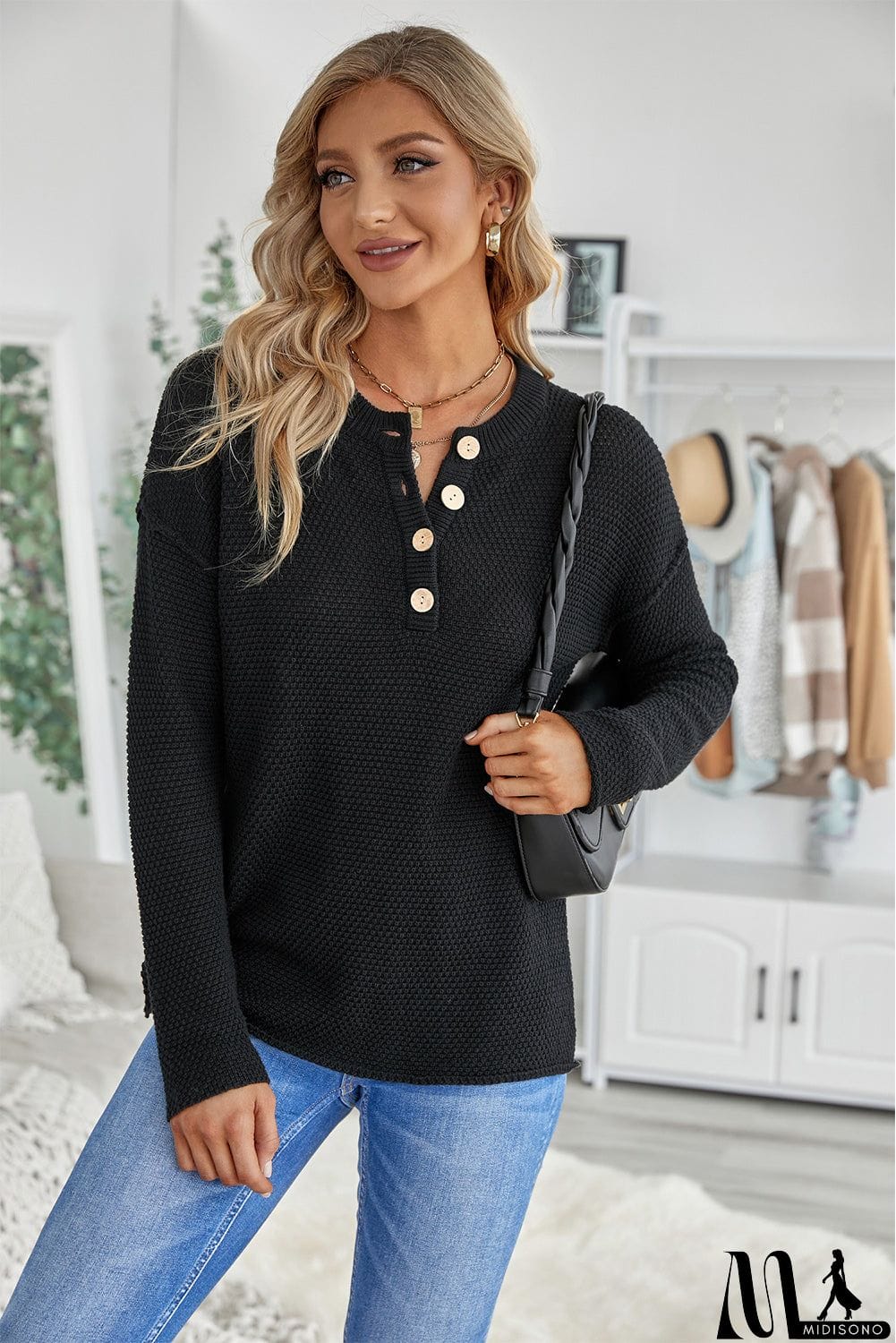 MidiSono - Women's Black Henley Pullover Drop Shoulder Sweater with Slits