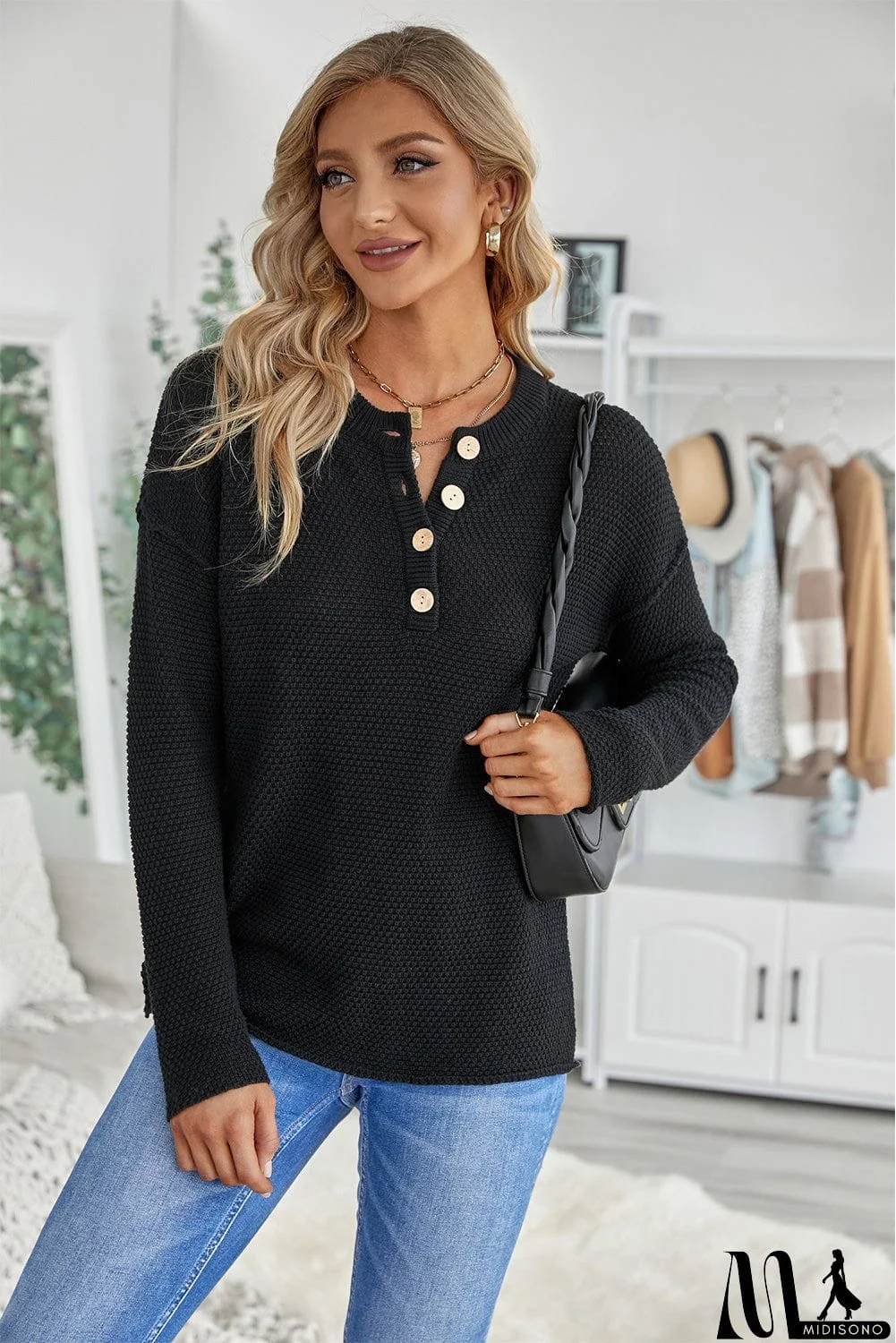 MidiSono - Women's Black Henley Pullover Drop Shoulder Sweater with Slits