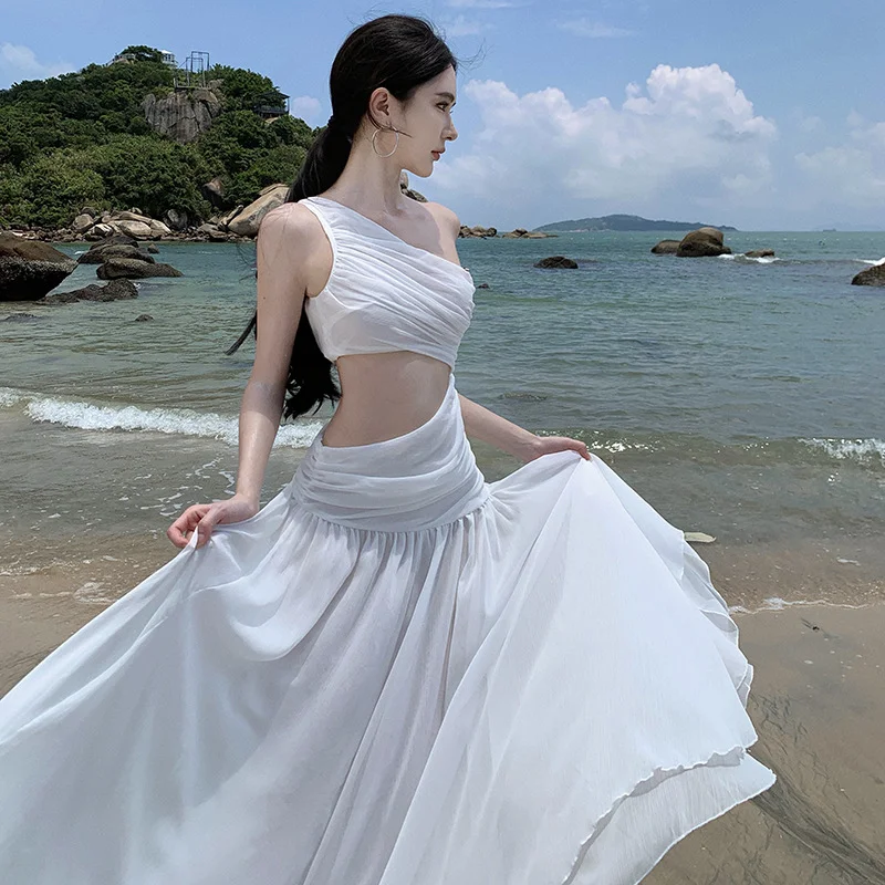 Zingj Zingj White Hollow Out Inclined Shoulder Sleeveless Dress Female Summer Senior Sense Seaside Vacation Temperament Show Thin Long Skirt