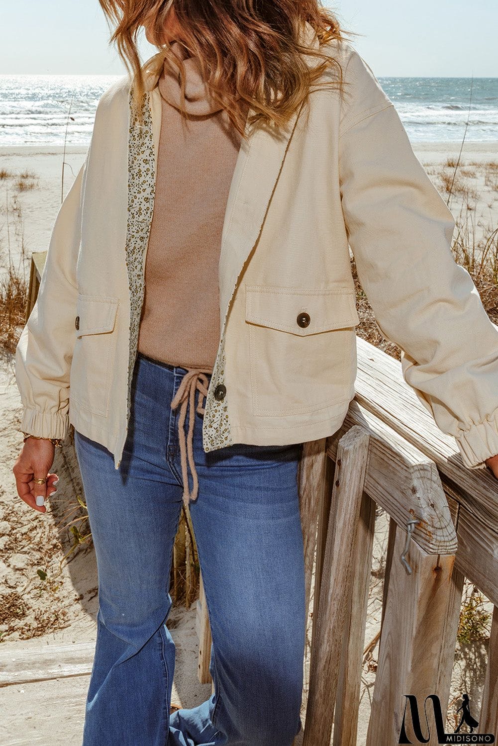 MidiSono - Beige Floral Patchwork Pockets Loose Fit Jacket
