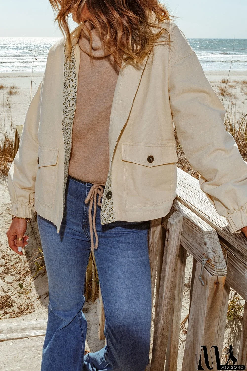 MidiSono - Beige Floral Patchwork Pockets Loose Fit Jacket