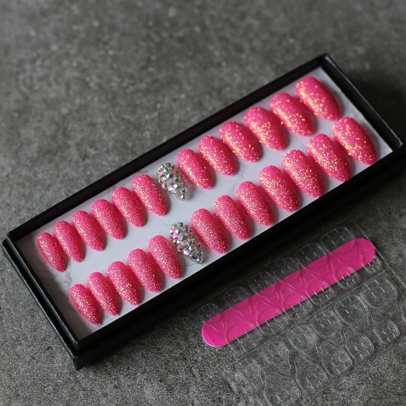 Art design Glitter powder fake nails red pink 26pcs Stiletto Full crystal diamond false nails wedding nails-Nail Inspo