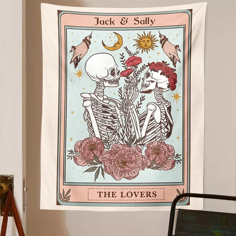 Psychedelic Skull Tapestry Tarot the lovers Wall Hanging Skulls Flower Esotericism Human Skeleton Home Decor Accessories