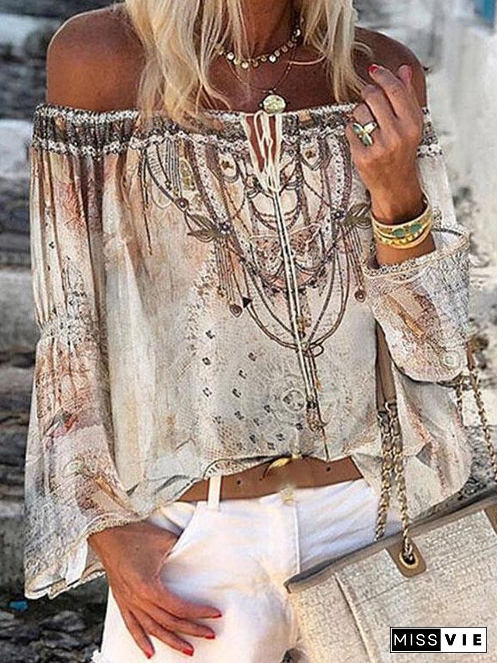 Women's Fashion Print Off-shoulder Top With Flared Sleeves