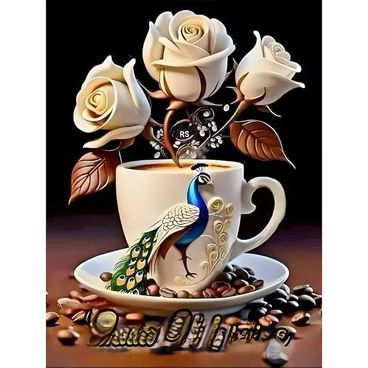 White Rose Peacock Cup 30*40CM (Canvas) Full Round Drill Diamond Painting gbfke