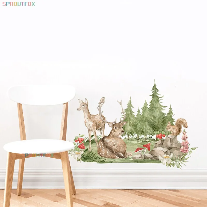 Nordic Cartoon Deer Wall Sticker Tree Green Forest Animal Wall Decals for Baby Room Living Room Decoration Kids Stickers