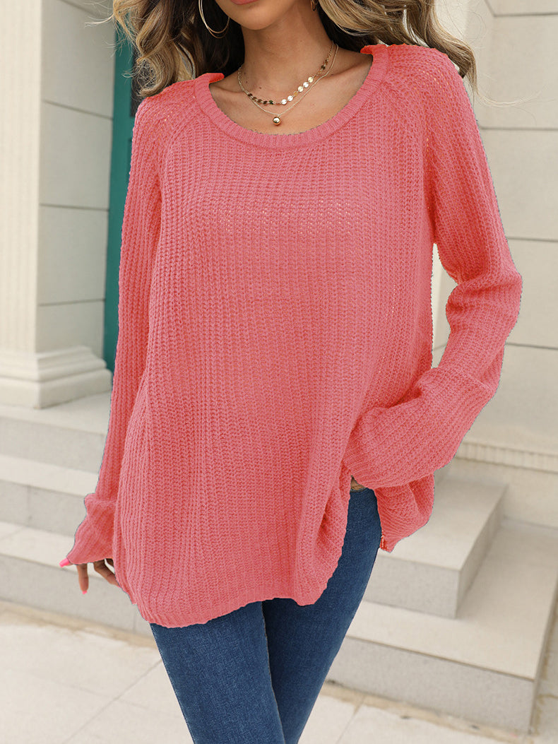 Solid Color Scoop Neck Sweater For Women Elegant Long Sleeve Top