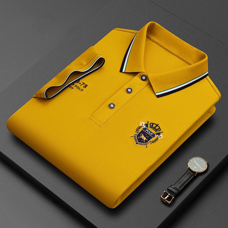 Mens Solid Color Business Lapel Embroidered Polo Shirt