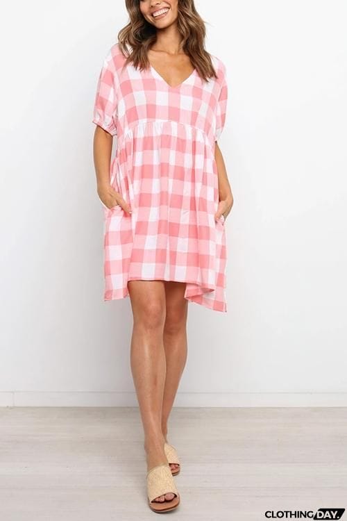 Plaid Pockets V Neck Mini Dress