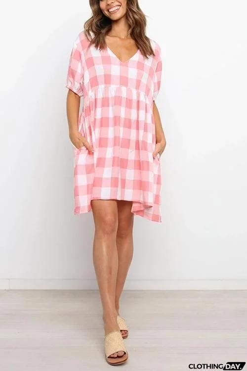 Plaid Pockets V Neck Mini Dress