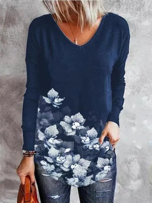 Women Long Sleeve V-neck Floral Printed Graphic Top