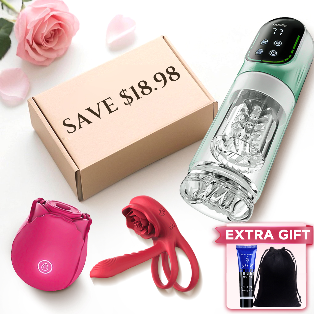 Couple Sex Toys Set - Rose Toy Clit Sucker Male Masturbator Cock Rings & Accessory - Rose Toy