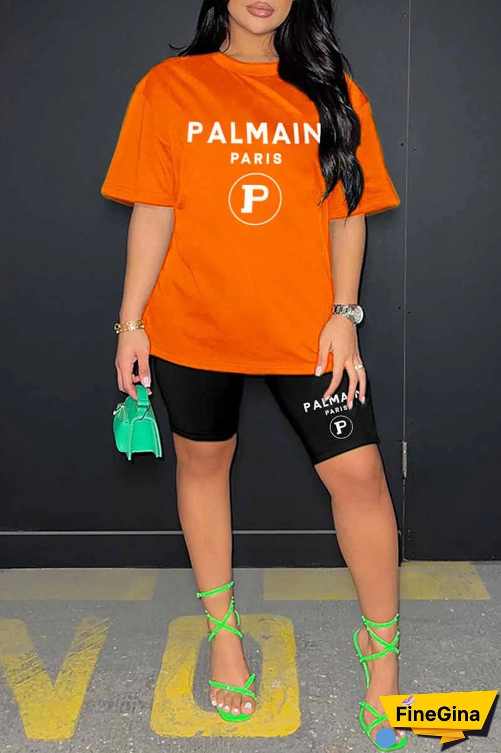 Blue Casual Print Letter O Neck Short Sleeve Two Pieces