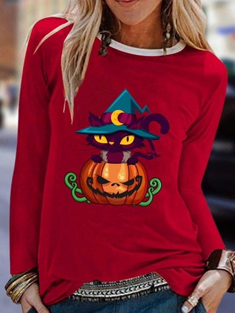 Halloween Crew Neck Pumpkin Meow Print Long Sleeve T-shirt