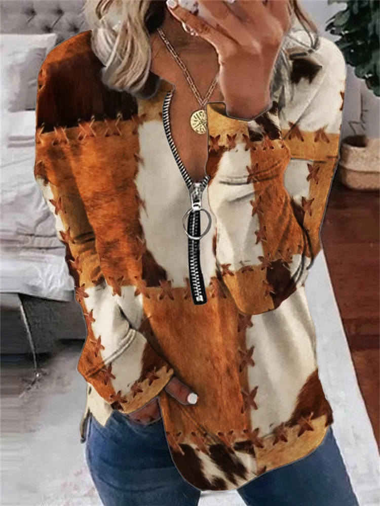 Western Cowhide Patchwork Art Zip Up Sweatshirt