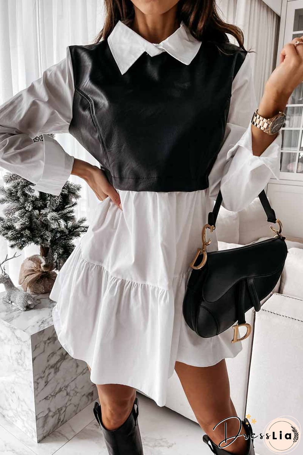 Shirt Skirt And Leather Stitching Mini Dress