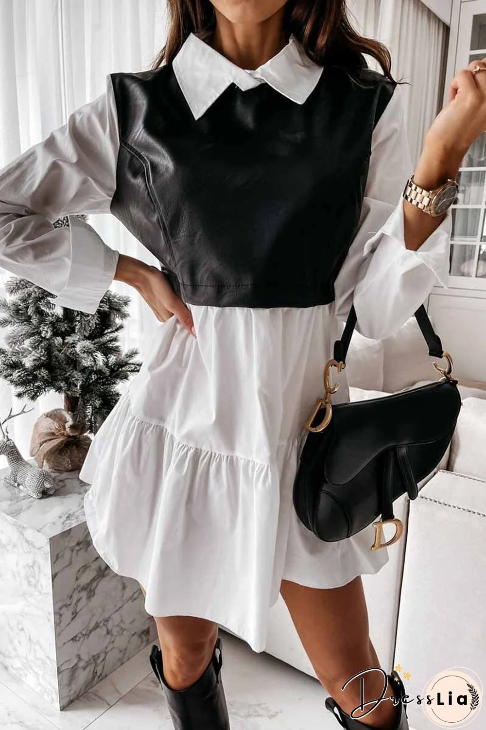 Shirt Skirt And Leather Stitching Mini Dress