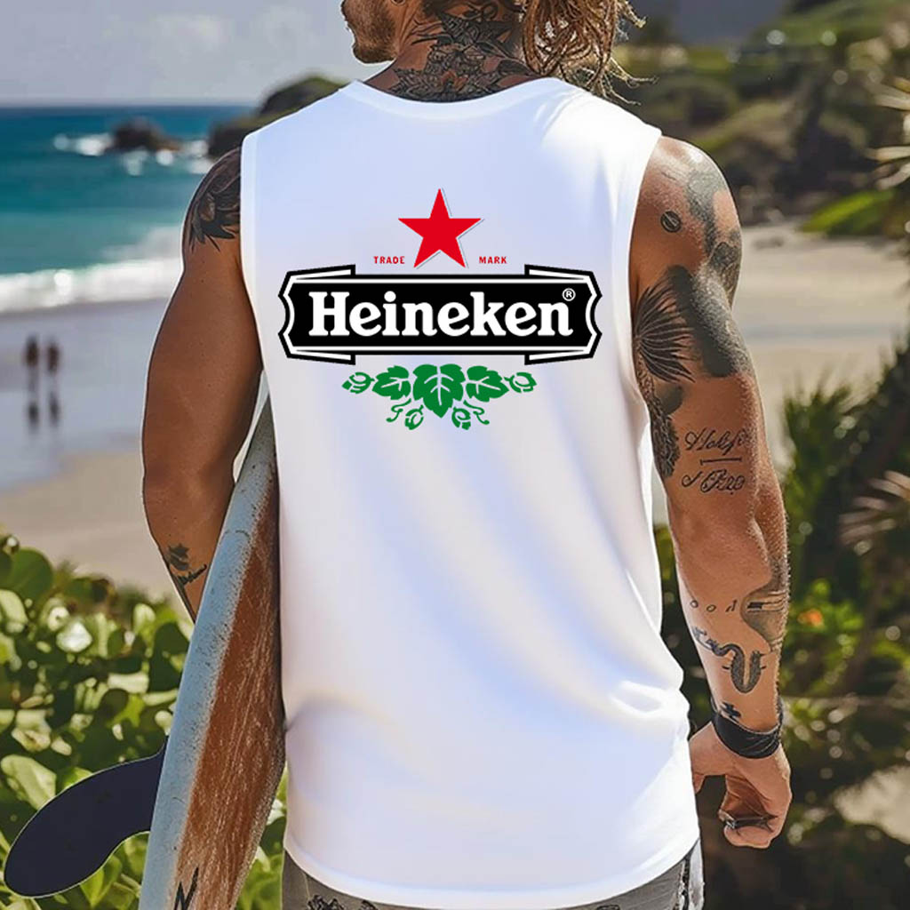 Men's Vintage Red Star Drinking Surfing Graphic Print Round Neck Sleeveless Muscle Tank Top / TECHWEAR CLUB / Techwear