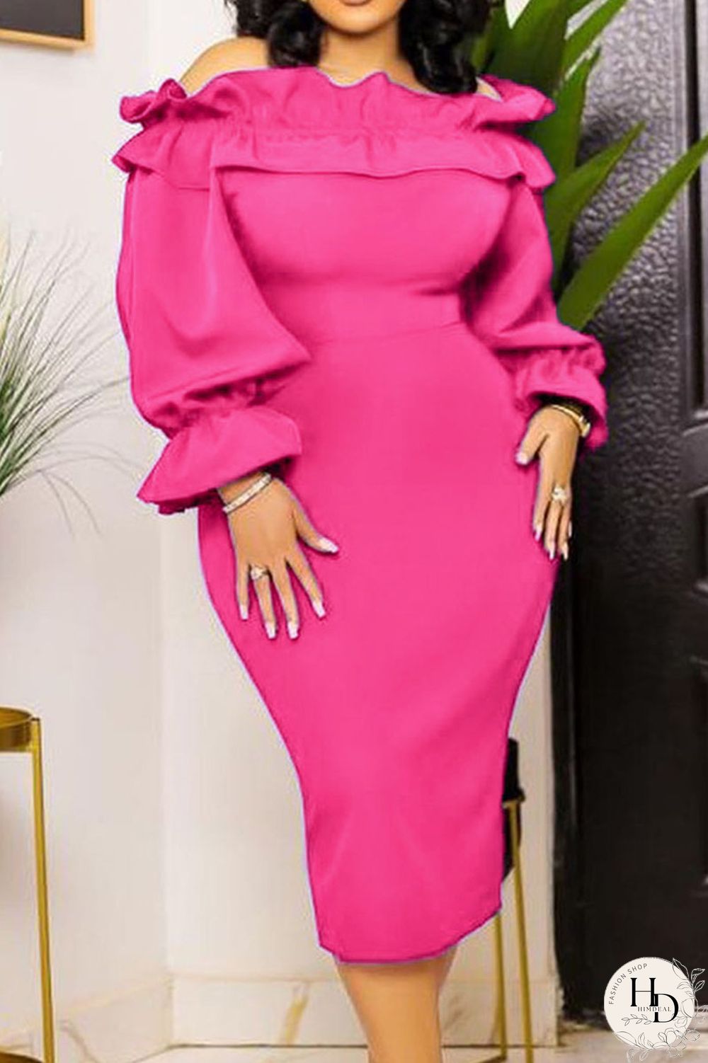 Rose Red Elegant Solid Patchwork Flounce Off the Shoulder One Step Skirt Dresses