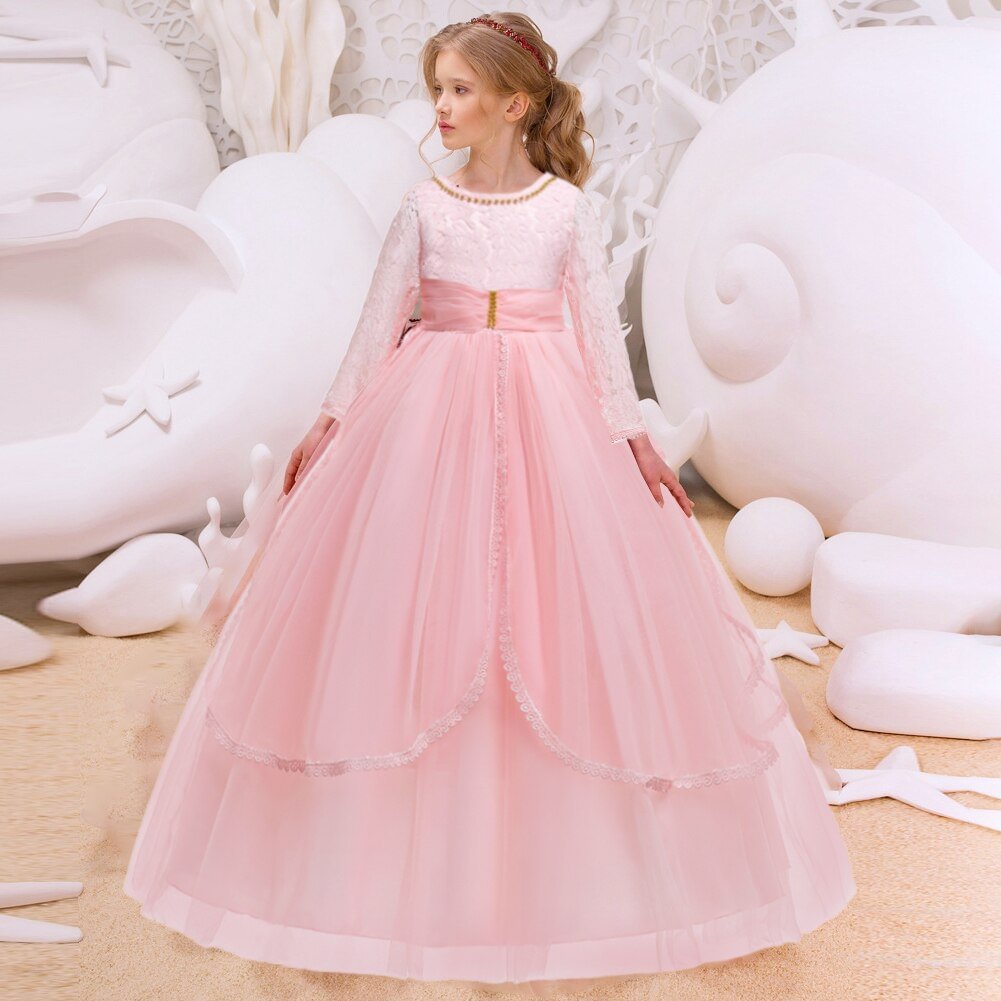 2022 Formal Flower Kids Wedding Dress For Girls Children Clothing Long Sleeve Bridesmaid Party Elegant Dresses Evening Vestidos